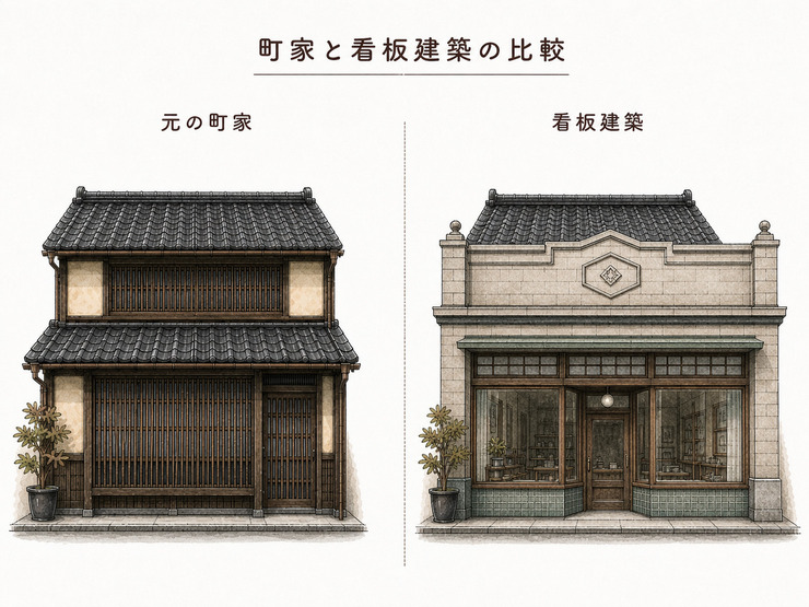 「元の町家」と「看板建築化した町家」の比較イラスト