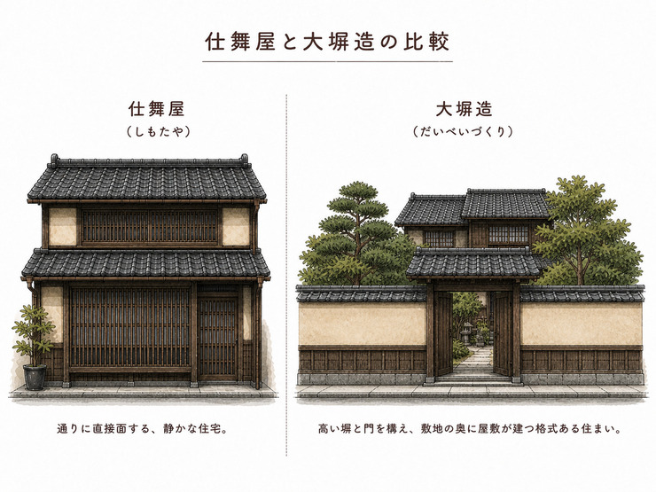仕舞屋と大塀造の比較イラスト