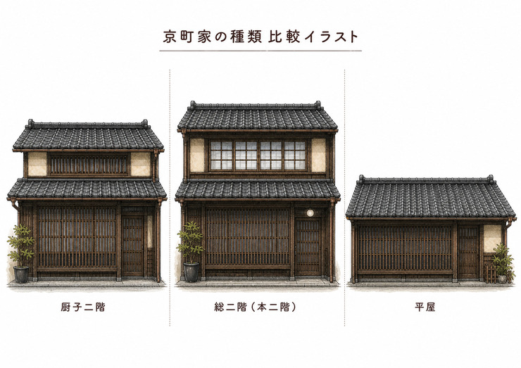 京町屋の種類比較イラスト